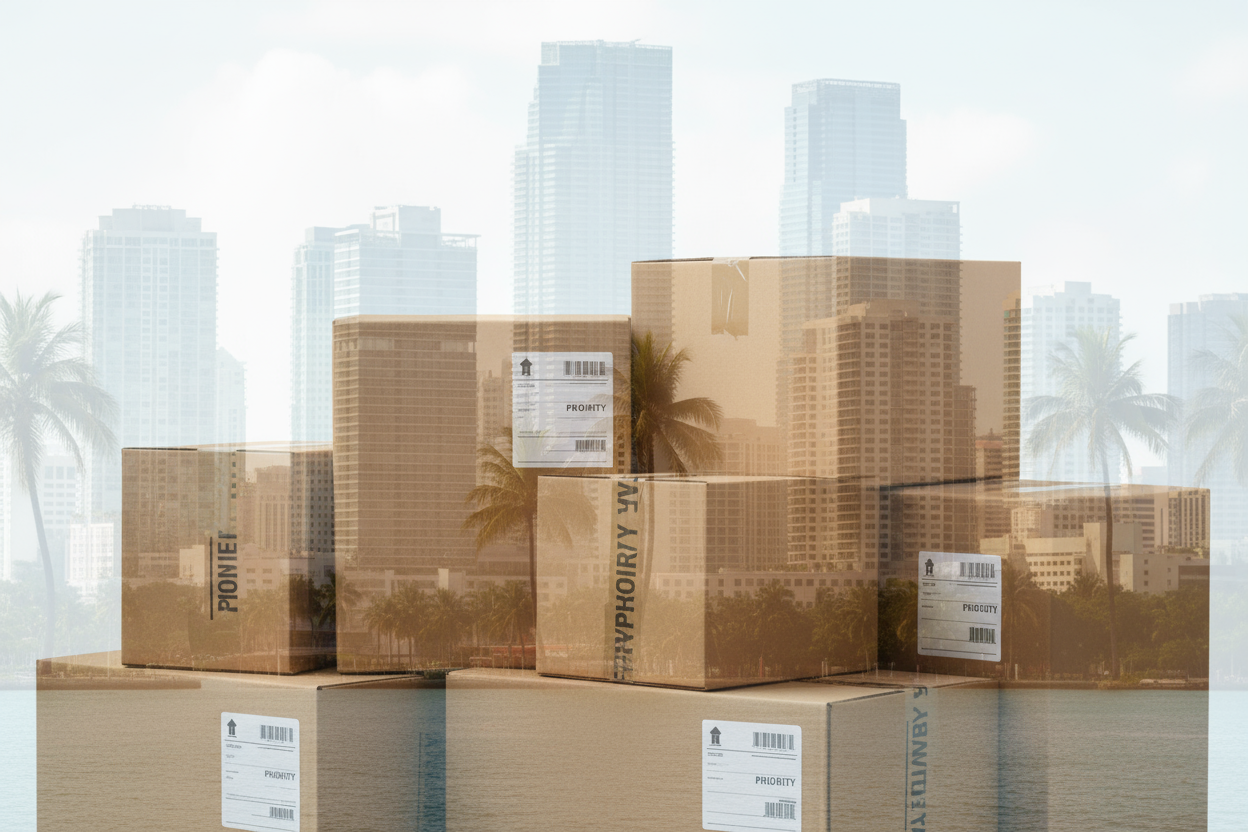 CREAR IMAGEN CON UNAS CAJAS Y ATRAS CON LA CUIDAD DE MIAMI TRANSPARENTE 